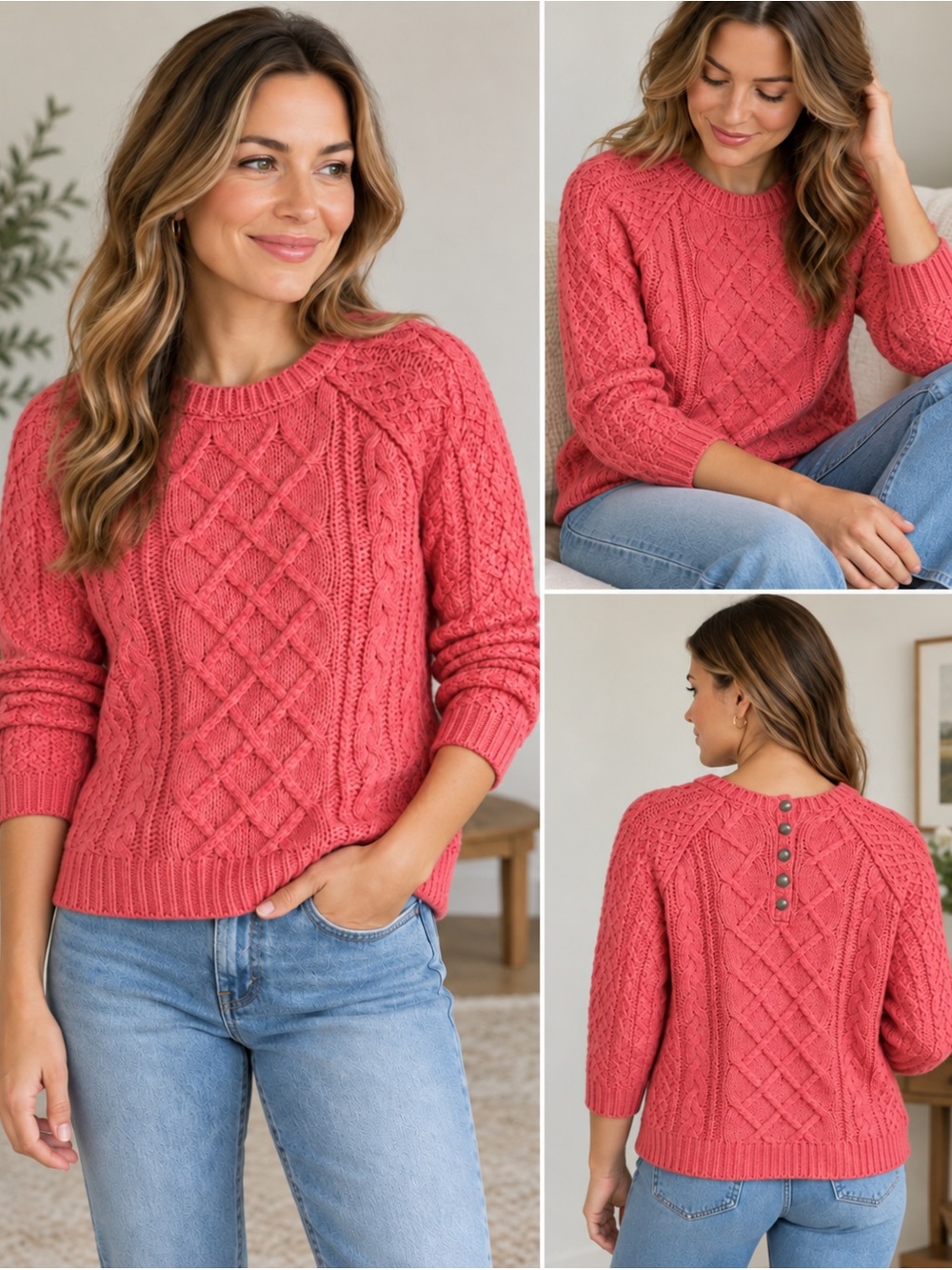 Coral Pink Cable Knit Wool Blend Sweater Fisherman Preppy LOFT M